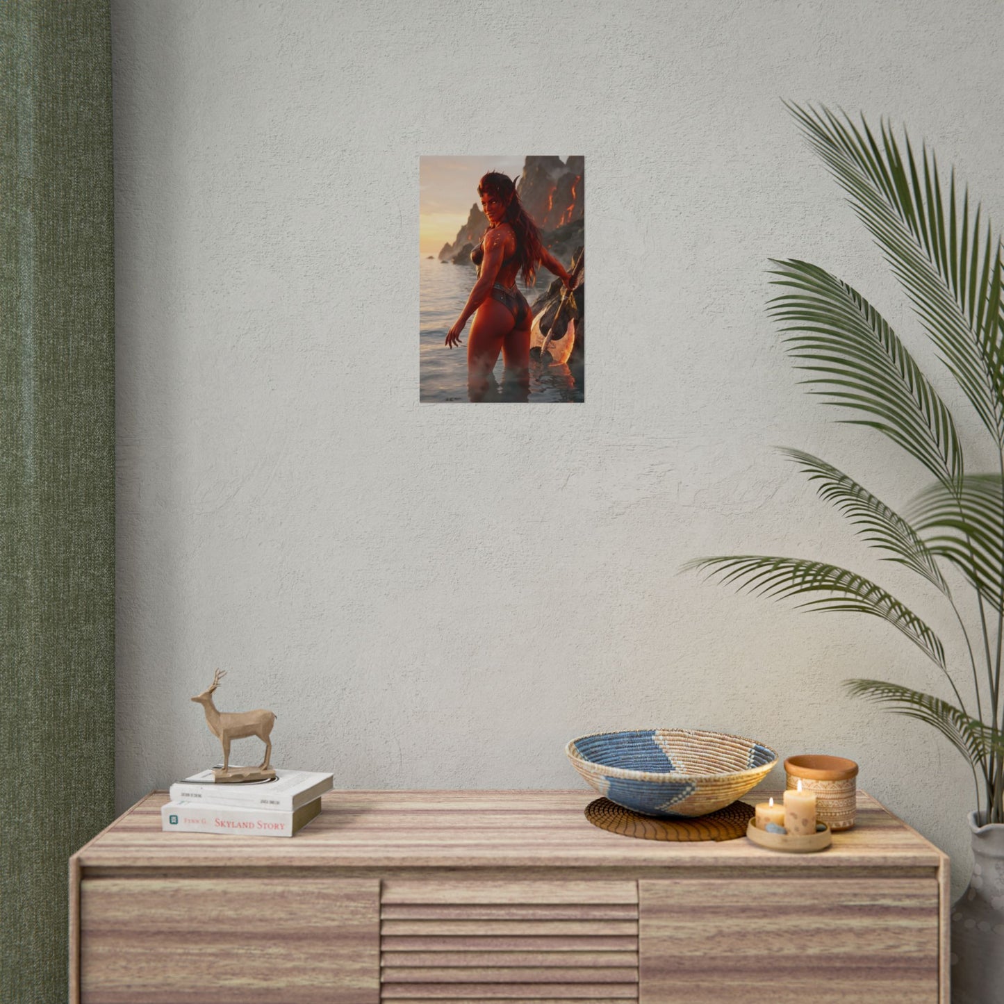 Baldur’s Gate Poster – Karlach Art Print, Fantasy Warrior Wall Art showing tiefling warrior on rocky coastline at sunrise with massive axe