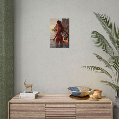 Baldur’s Gate Poster – Karlach Art Print, Fantasy Warrior Wall Art showing tiefling warrior on rocky coastline at sunrise with massive axe