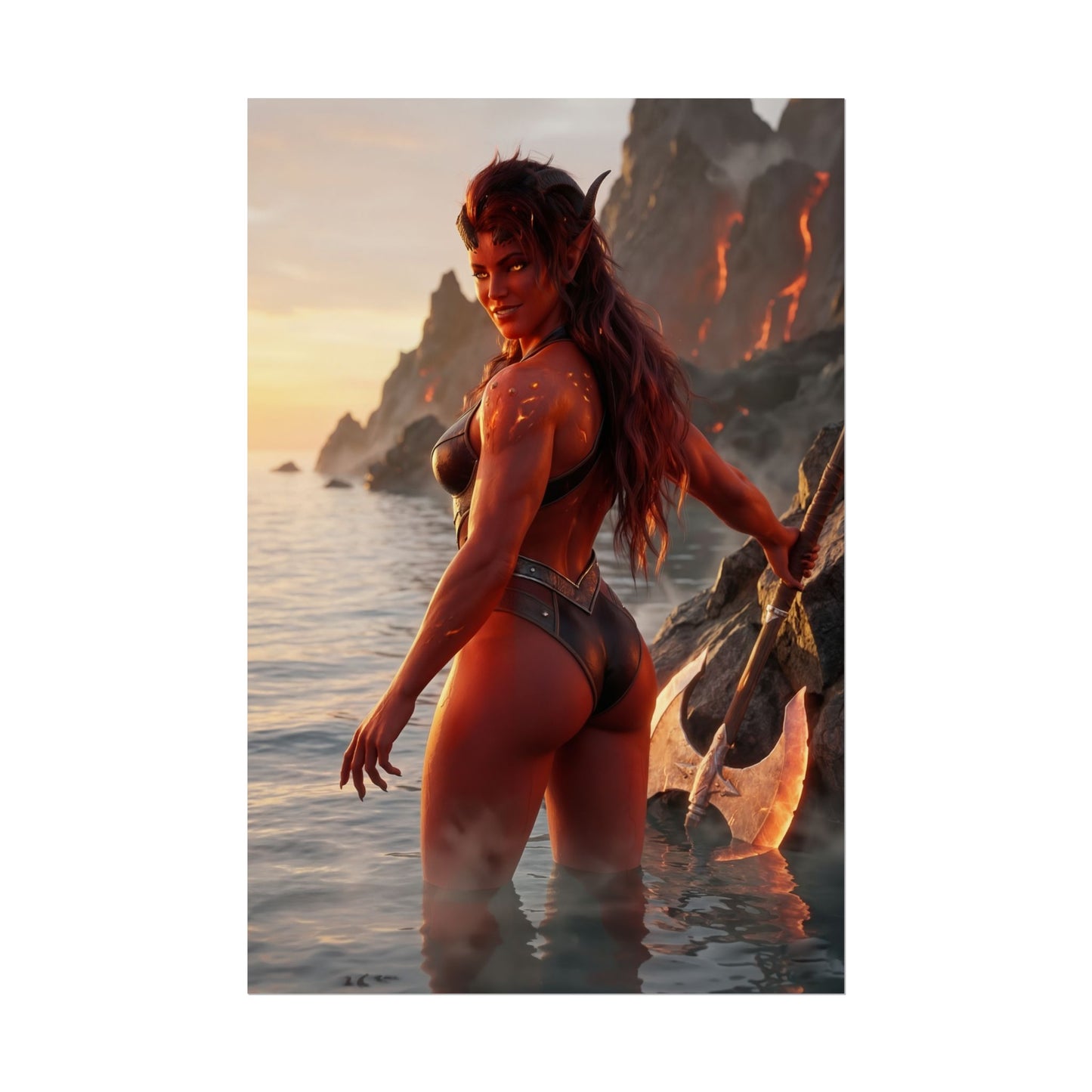 Baldur’s Gate Poster – Karlach Art Print, Fantasy Warrior Wall Art showing fierce tiefling warrior on rocky coastline at sunrise with massive axe