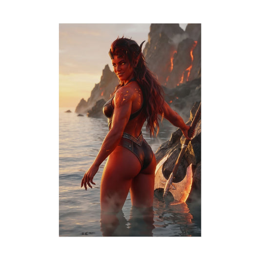 Baldur’s Gate Poster – Karlach Art Print, Fantasy Warrior Wall Art showing tiefling Karlach with massive axe on rocky coastline at sunrise