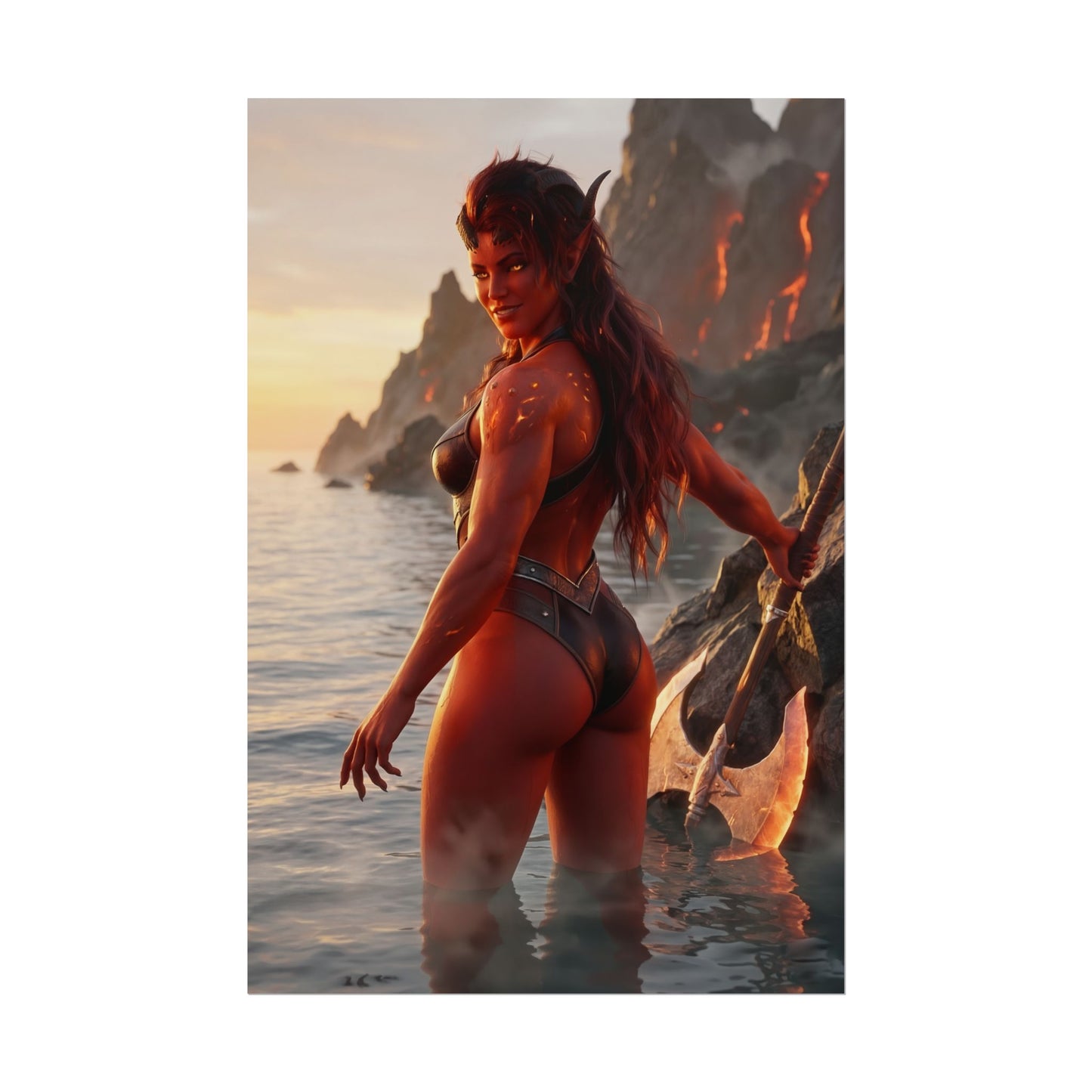 Baldur’s Gate Poster – Karlach Art Print, Fantasy Warrior Wall Art showing tiefling Karlach with massive axe on volcanic coastline at sunrise