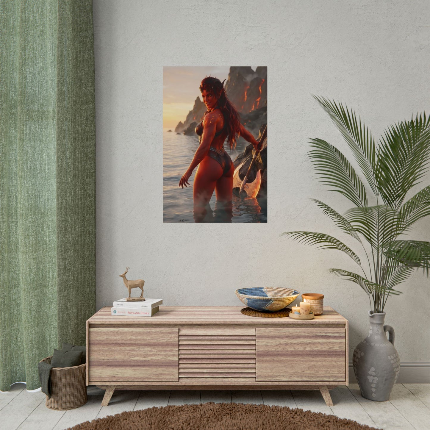 Baldur’s Gate Poster – Karlach Art Print, Fantasy Warrior Wall Art showing tiefling warrior on rocky coastline at sunrise with massive axe