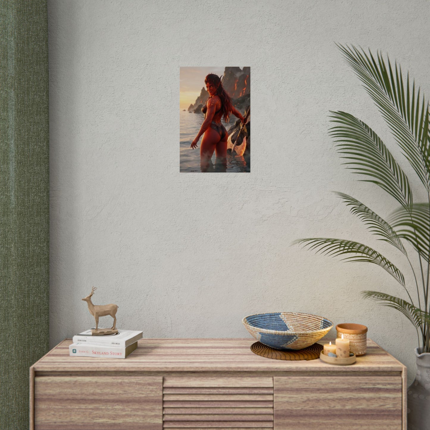 Baldur’s Gate Poster – Karlach Art Print, Fantasy Warrior Wall Art showing tiefling warrior on rocky coastline at sunrise with massive axe