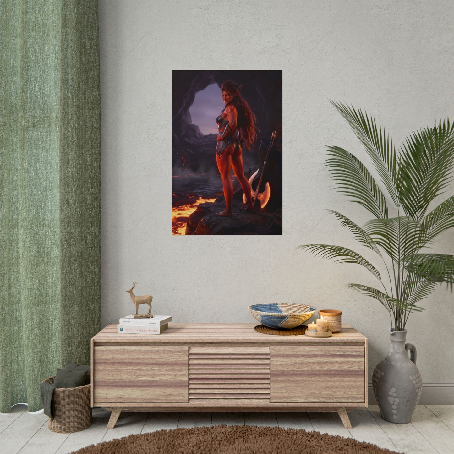 Baldur’s Gate Poster – Karlach Art Print, Fantasy RPG Wall Art showing tiefling Karlach by lava in cavern gaming room décor