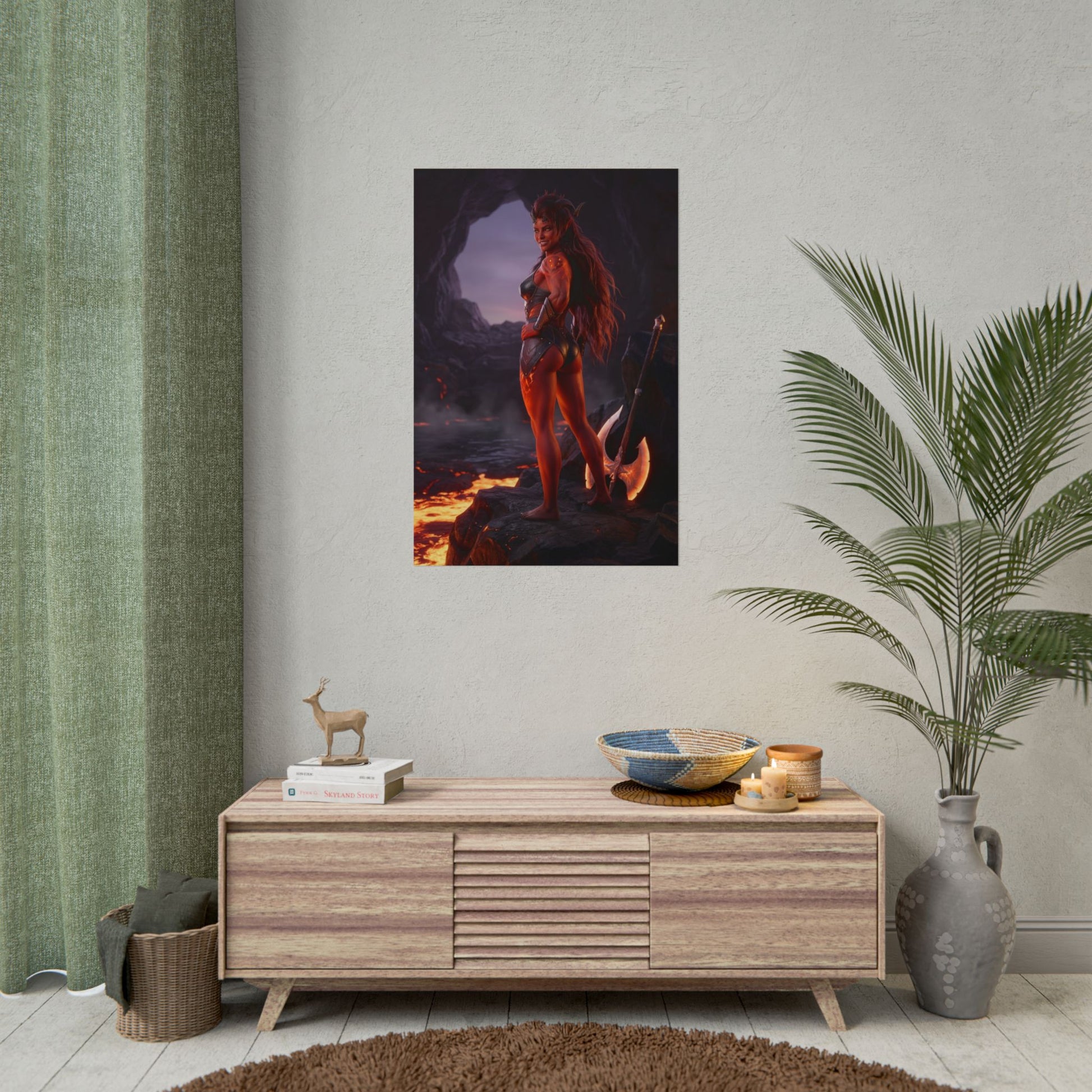 Baldur’s Gate Poster – Karlach Art Print, Fantasy RPG Wall Art showing tiefling Karlach by lava in cavern gaming room décor