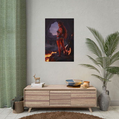 Baldur’s Gate Poster – Karlach Art Print, Fantasy RPG Wall Art showing tiefling Karlach by lava in cavern gaming room décor