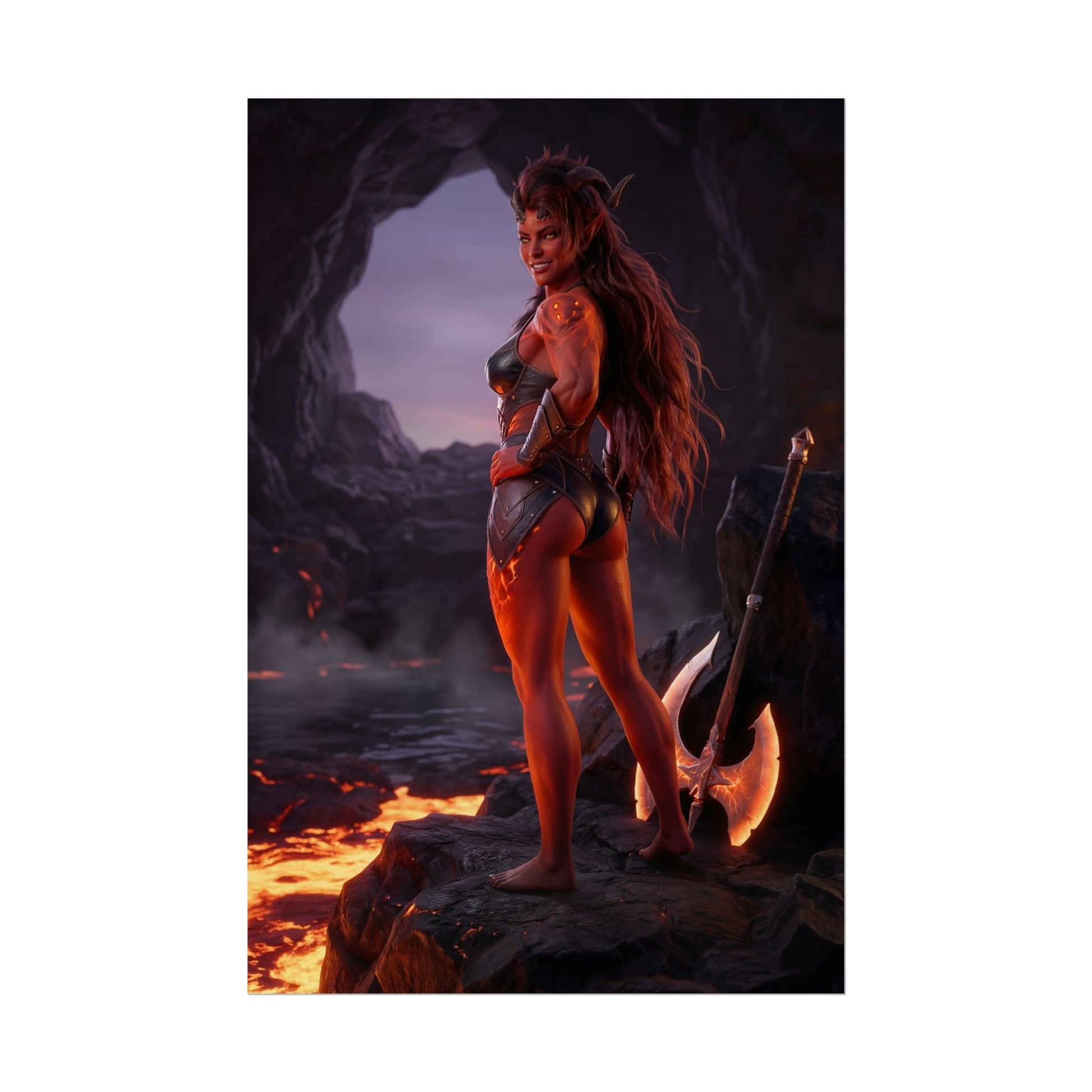 Baldur’s Gate Poster – Karlach Art Print, Fantasy RPG Wall Art depicting tiefling warrior by lava with axe in cavern
