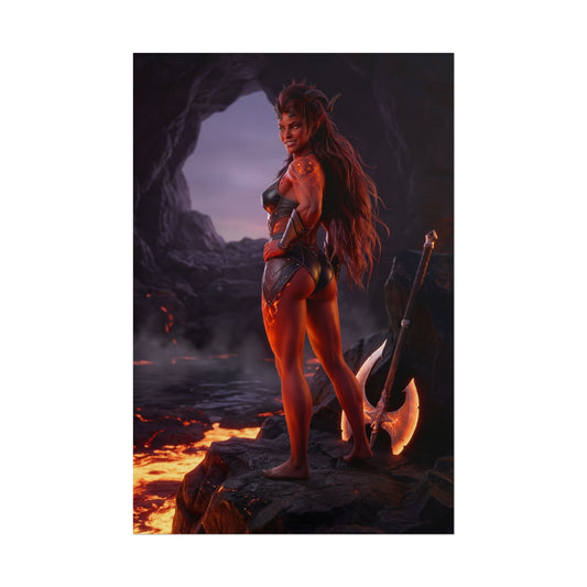 Baldur’s Gate Poster – Karlach Art Print, Fantasy RPG Wall Art showing tiefling warrior amid volcanic cavern lava with axe and dramatic fiery lighting