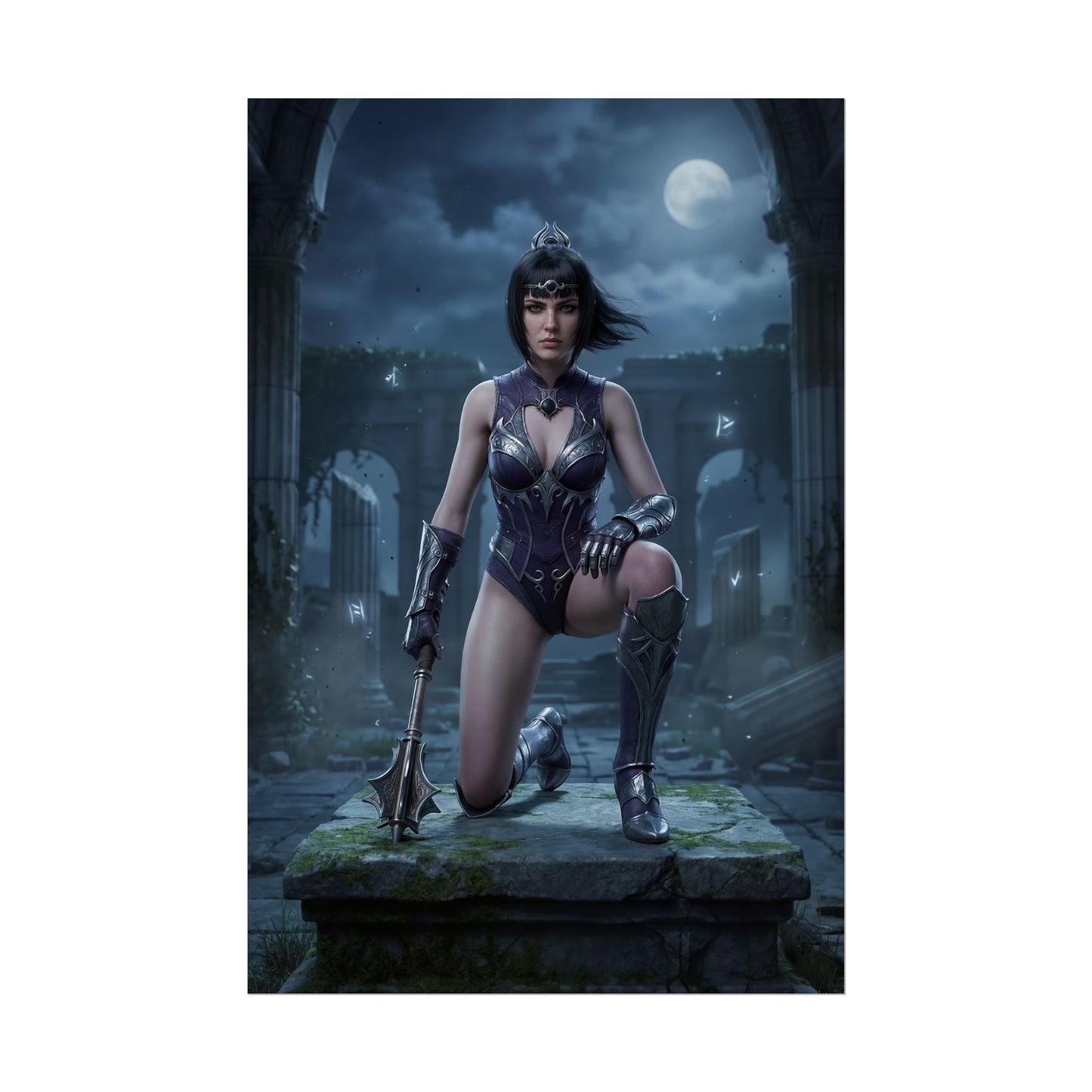 Baldur’s Gate Poster – Shadowheart Art Print, Fantasy RPG Wall Art featuring Shadowheart kneeling under a full moon in gothic ruins