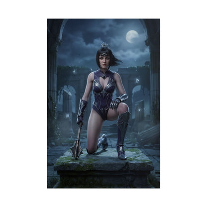 Baldur’s Gate Poster – Shadowheart Art Print, Fantasy RPG Wall Art showing Shadowheart kneeling among moonlit ruins in gothic dark fantasy style