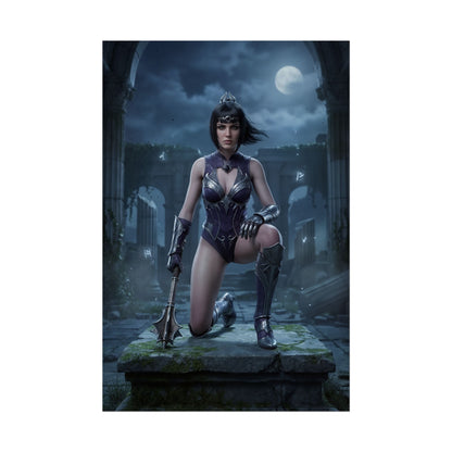 Baldur’s Gate Poster – Shadowheart Art Print, Fantasy RPG Wall Art showing Shadowheart kneeling under full moon among gothic ruins