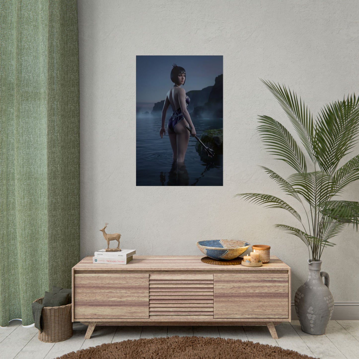 Baldur’s Gate Poster – Shadowheart Art Print, Fantasy Character Wall Art featuring Shadowheart waist-deep in calm ocean under twilight sky