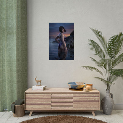 Baldur’s Gate Poster – Shadowheart Art Print, Fantasy Adventure Wall Art featuring Shadowheart cleric at sunset on rocky coastline