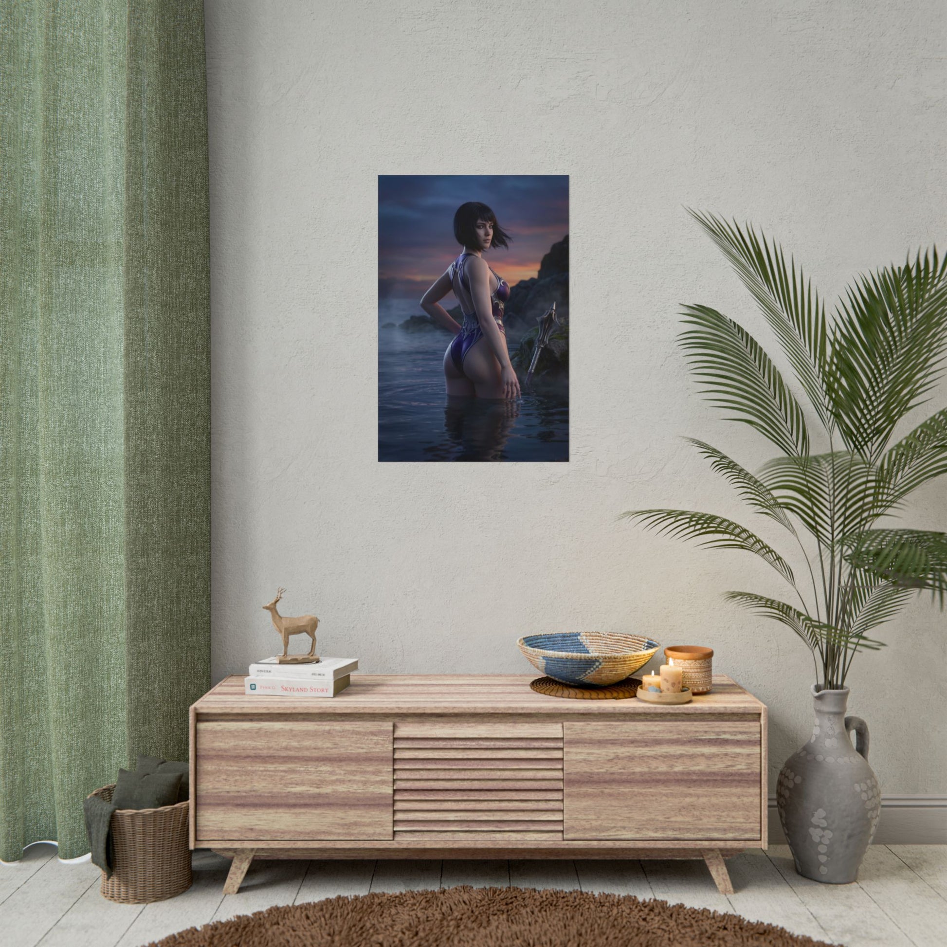 Baldur’s Gate Poster – Shadowheart Art Print, Fantasy Adventure Wall Art showing Shadowheart cleric at sunset on rocky coastline