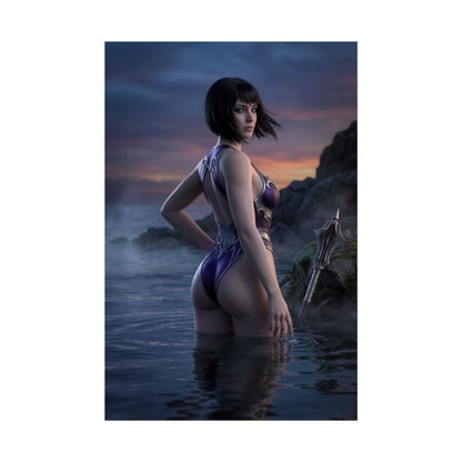 Baldur’s Gate Poster – Shadowheart Art Print, Fantasy Adventure Wall Art depicting Shadowheart cleric standing in coastal waters at sunset with weapon on shore