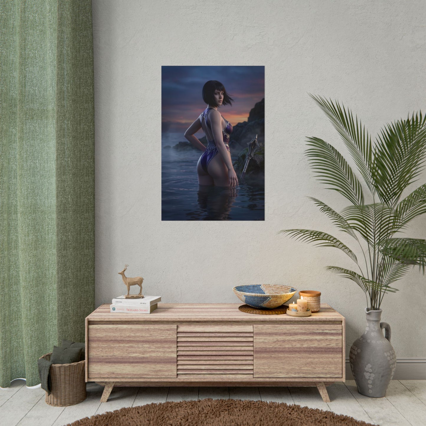 Baldur’s Gate Poster – Shadowheart Art Print, Fantasy Adventure Wall Art showing Shadowheart on a rocky coastline at sunset