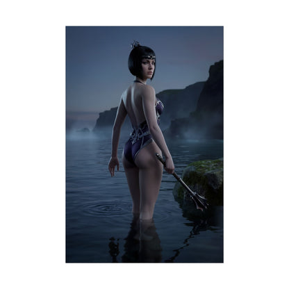 Baldur’s Gate Poster – Shadowheart Art Print, Fantasy Character Wall Art showing Shadowheart waist‑deep in calm ocean under twilight, cinematic reflective water