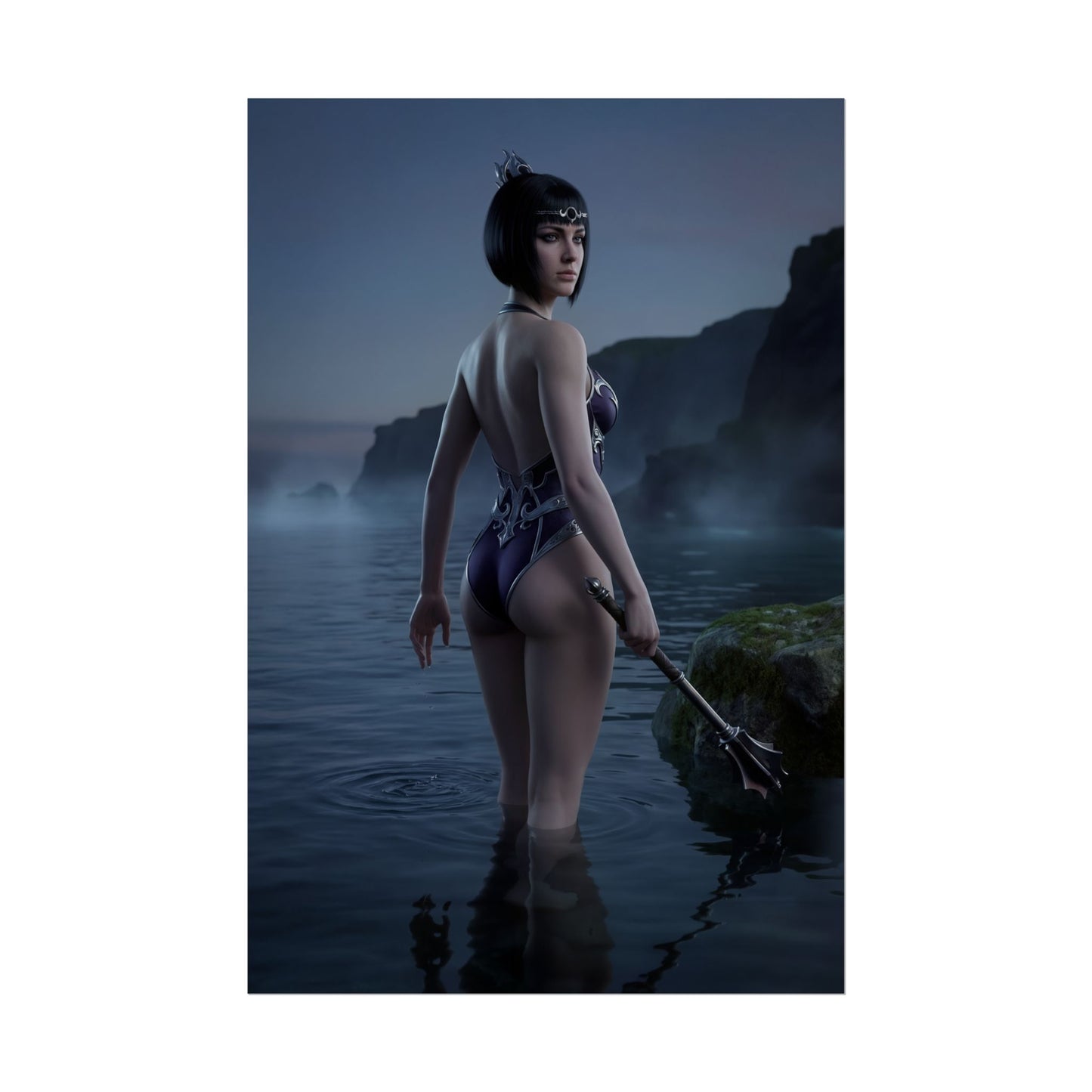 Baldur’s Gate Poster – Shadowheart Art Print, Fantasy Character Wall Art featuring Shadowheart waist-deep in calm ocean under twilight sky