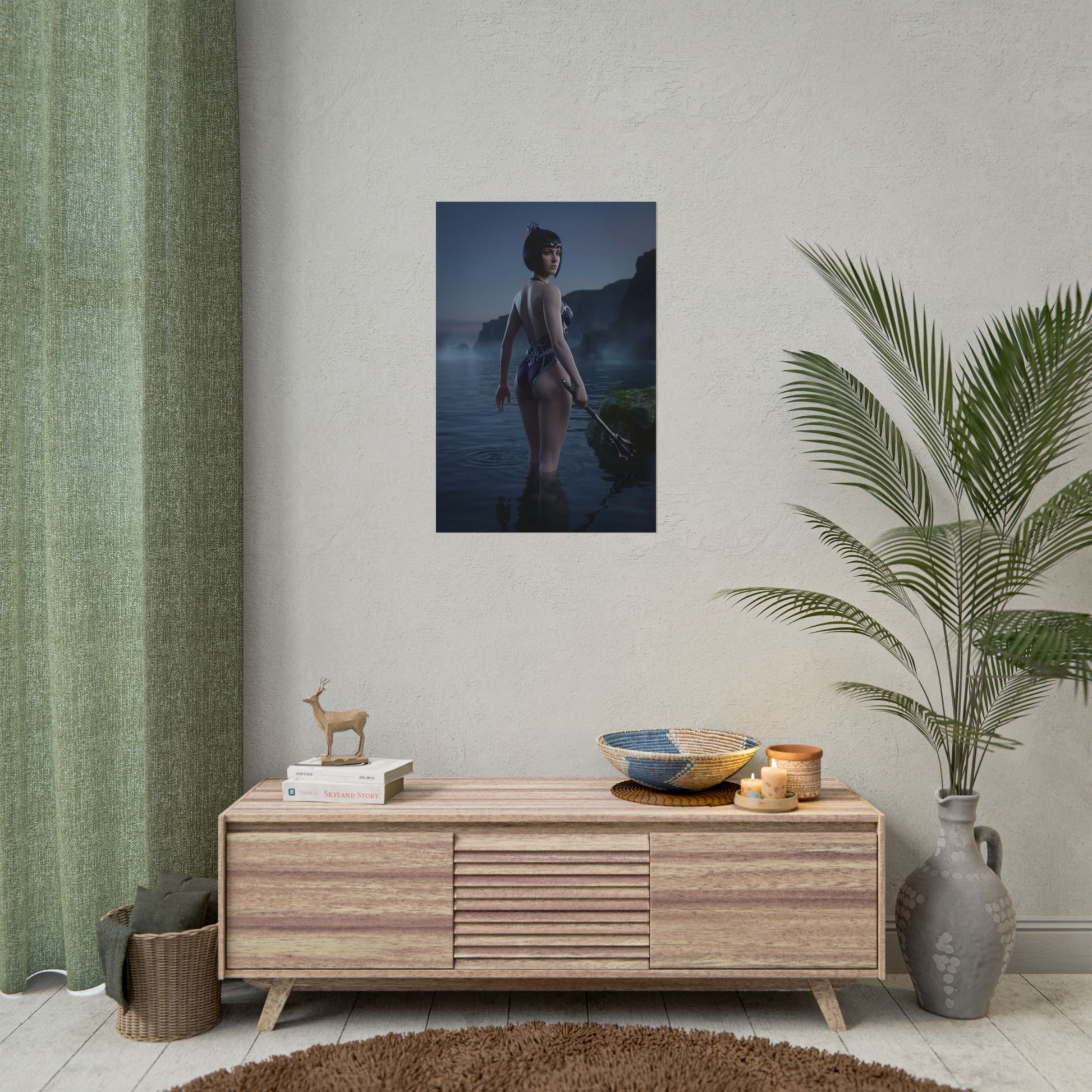 Baldur’s Gate Poster – Shadowheart Art Print, Fantasy Character Wall Art showing Shadowheart waist‑deep in reflective ocean under twilight sky