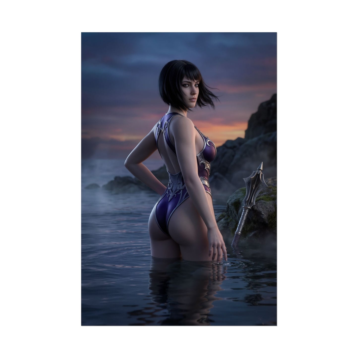 Baldur’s Gate Poster – Shadowheart Art Print, Fantasy Adventure Wall Art featuring Shadowheart cleric on rocky coastline at sunset with weapon nearby