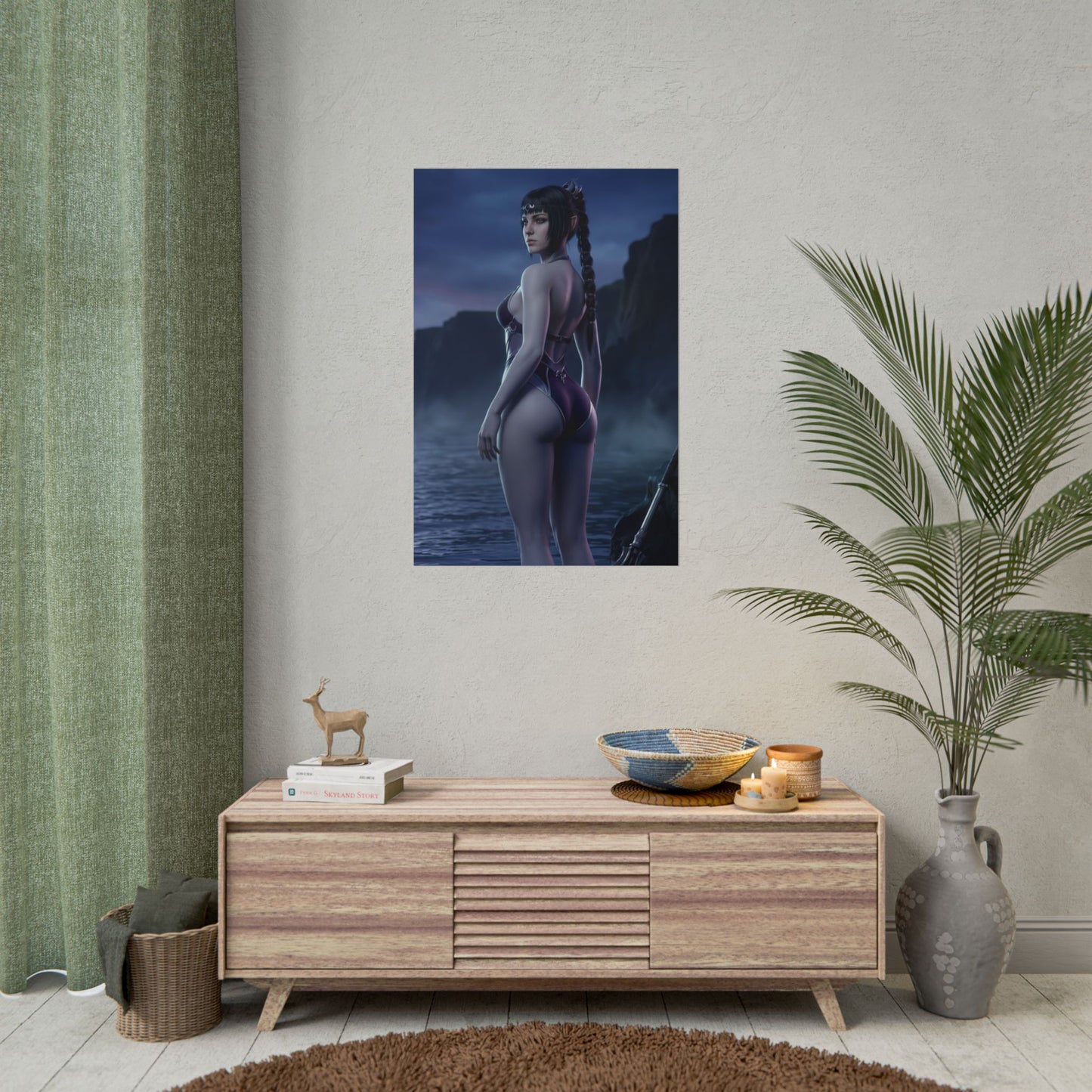 Baldur’s Gate Poster – Shadowheart Art Print, Dark Fantasy Character Wall Art showing Shadowheart in moonlit ocean with cliffs for gaming room décor