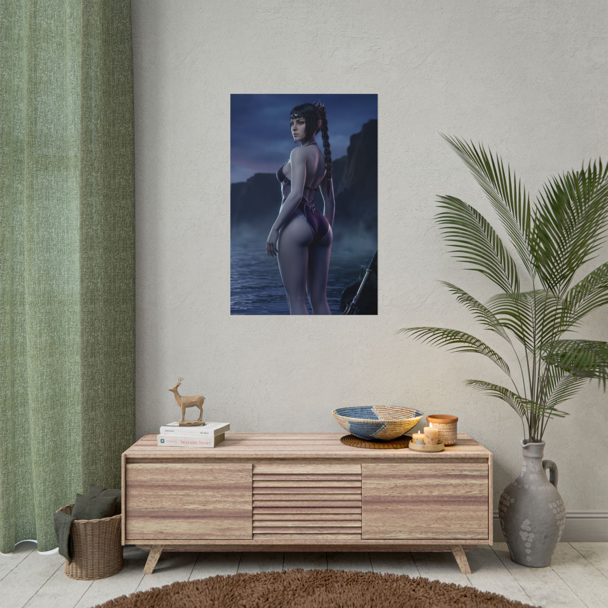 Baldur’s Gate Poster – Shadowheart Art Print, Dark Fantasy Character Wall Art showing Shadowheart in moonlit ocean with cliffs for gaming room décor