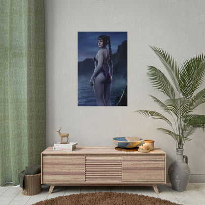 Baldur’s Gate Poster – Shadowheart Art Print, Dark Fantasy Character Wall Art showing Shadowheart in moonlit ocean with cliffs for gaming room décor
