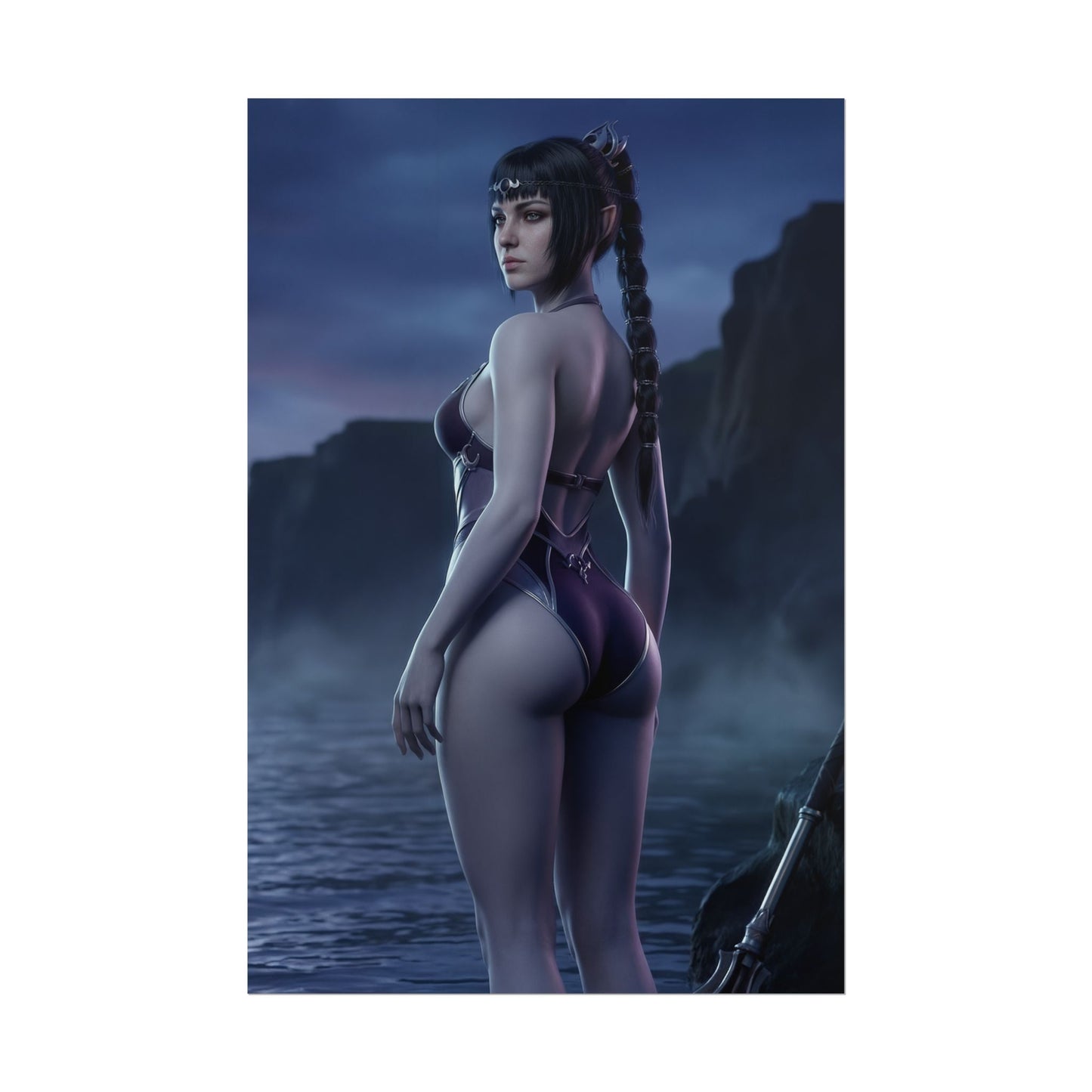 Baldur’s Gate Poster – Shadowheart Art Print, Dark Fantasy Character Wall Art showing Shadowheart standing in moonlit ocean with cliffs and mist