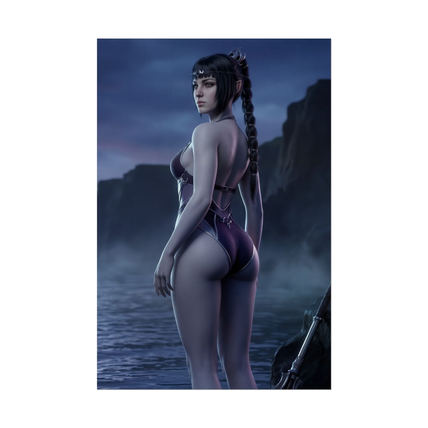 Baldur’s Gate Poster – Shadowheart Art Print, Dark Fantasy Character Wall Art featuring Shadowheart standing in moonlit ocean with cliffs and mist