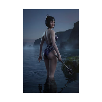 Baldur’s Gate Poster – Shadowheart Art Print, Fantasy Character Wall Art showing Shadowheart waist-deep in twilight ocean with cinematic lighting