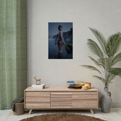 Baldur’s Gate Poster – Shadowheart Art Print, Fantasy Character Wall Art showing Shadowheart waist-deep in ocean under twilight sky