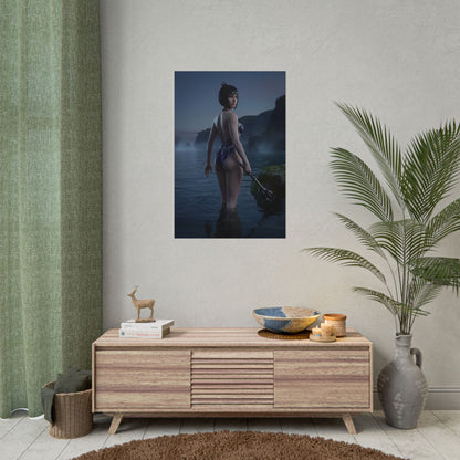 Baldur’s Gate Poster – Shadowheart Art Print, Fantasy Character Wall Art showing Shadowheart waist-deep in reflective ocean at twilight