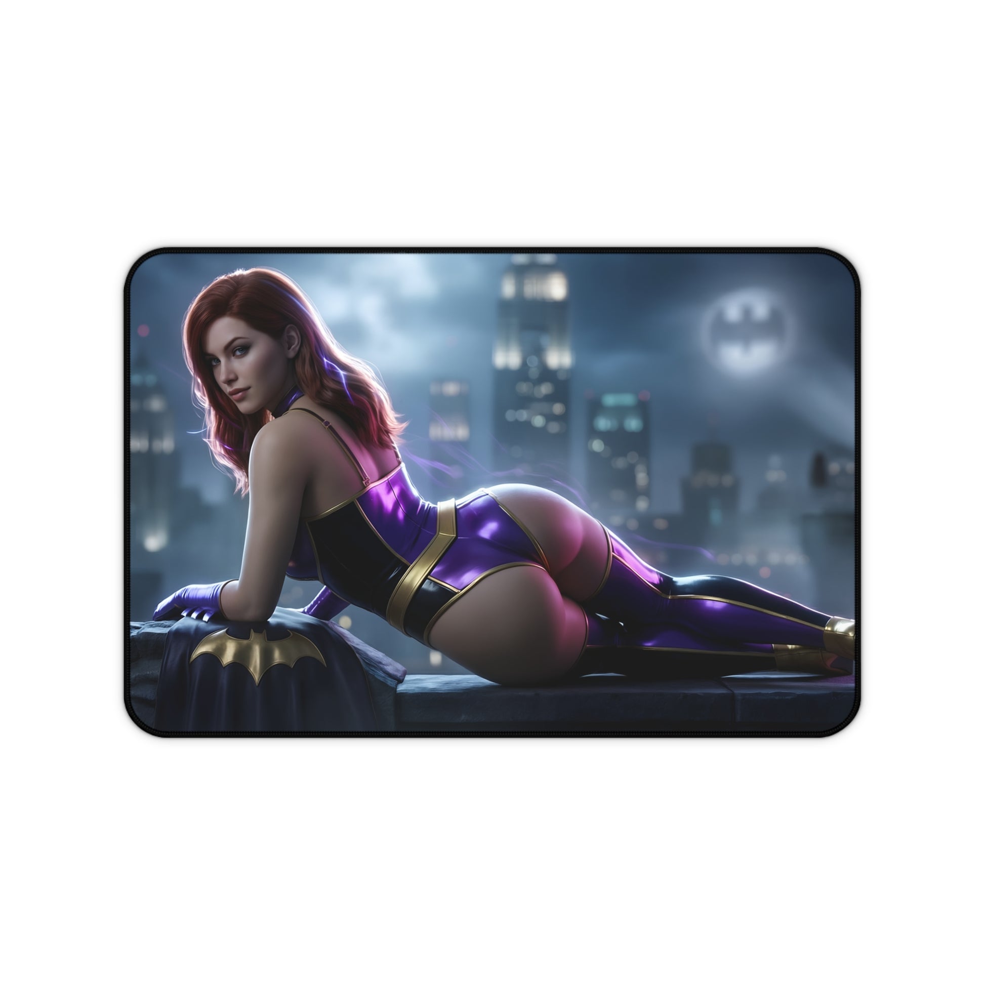 Batwoman Mouse Pad – DC Hero Gaming Mouse Pad, Stylish Gamer Desk Decor showing Batwoman in purple suit on rooftop with city skyline and Bat-Signal