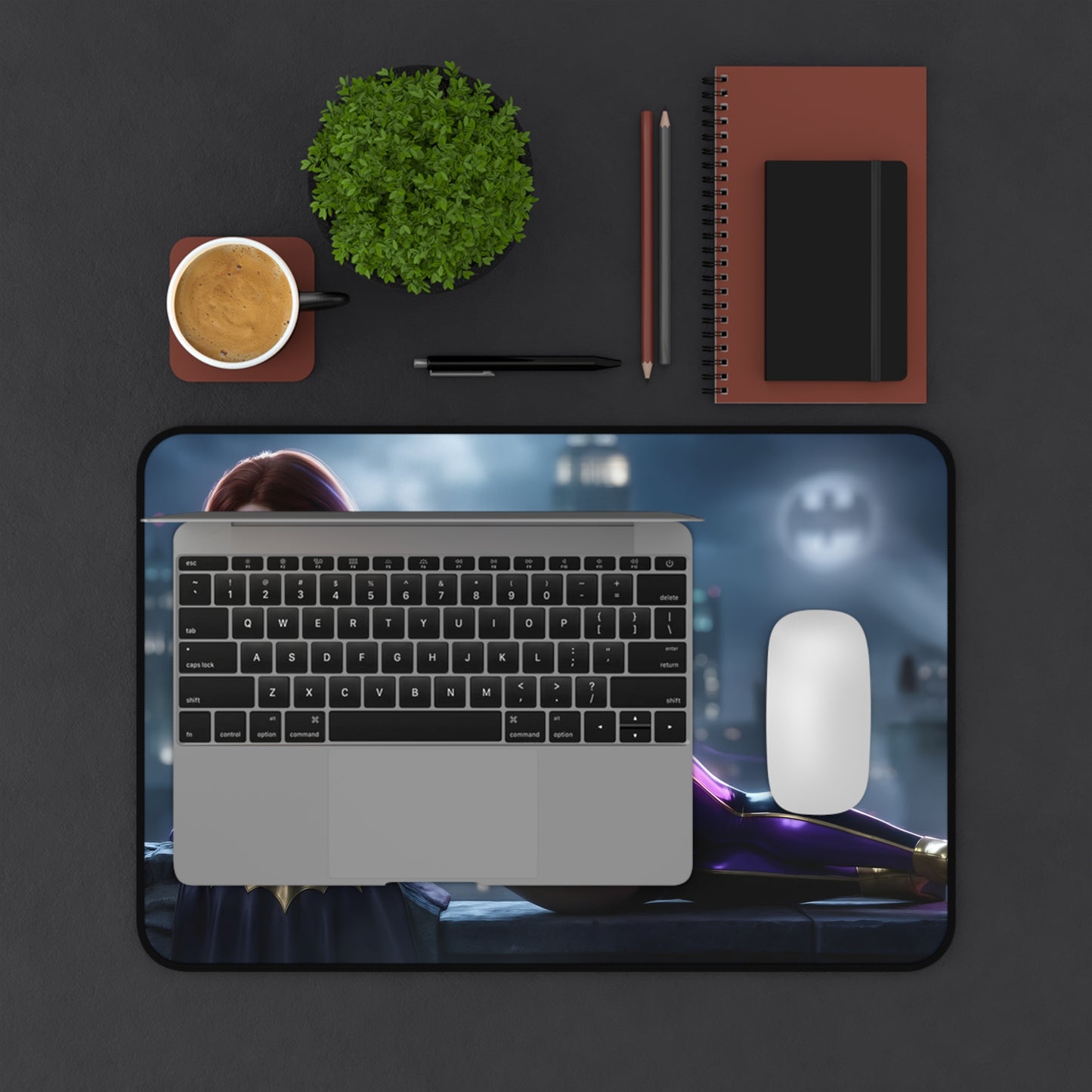 Batwoman Mouse Pad – DC Hero Gaming Mouse Pad, Stylish Gamer Desk Decor on gaming desk with laptop, mouse, coffee and notebook