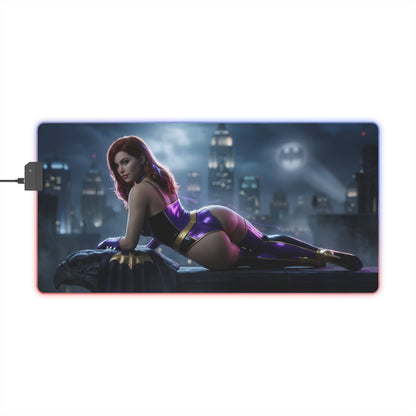 Batwoman RGB Mouse Pad – DC Comics Illuminated Desk Mat, Hero Gamer Decor featuring Batwoman reclining with RGB edge lighting and Gotham skyline