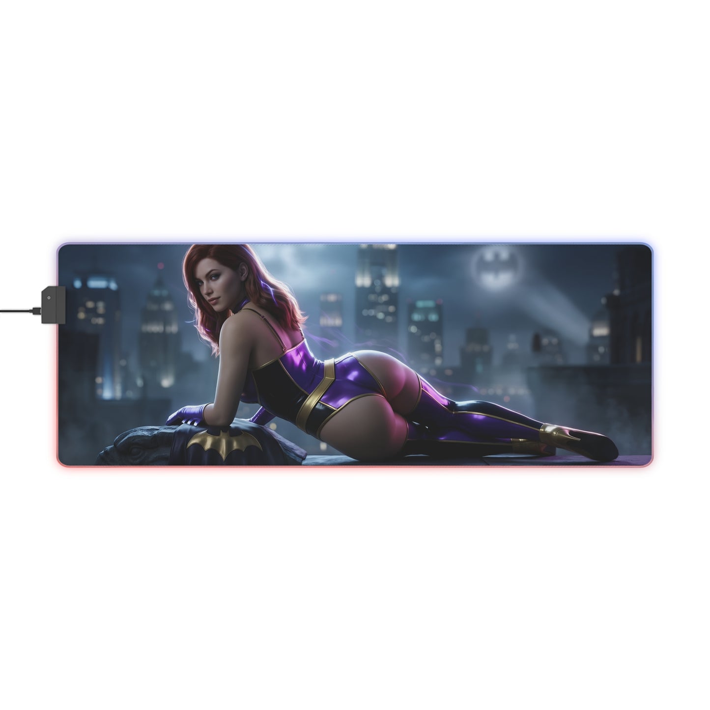 Batwoman RGB Mouse Pad – DC Comics Illuminated Desk Mat, Hero Gamer Decor showing Batwoman reclining on rooftop with RGB edge lighting