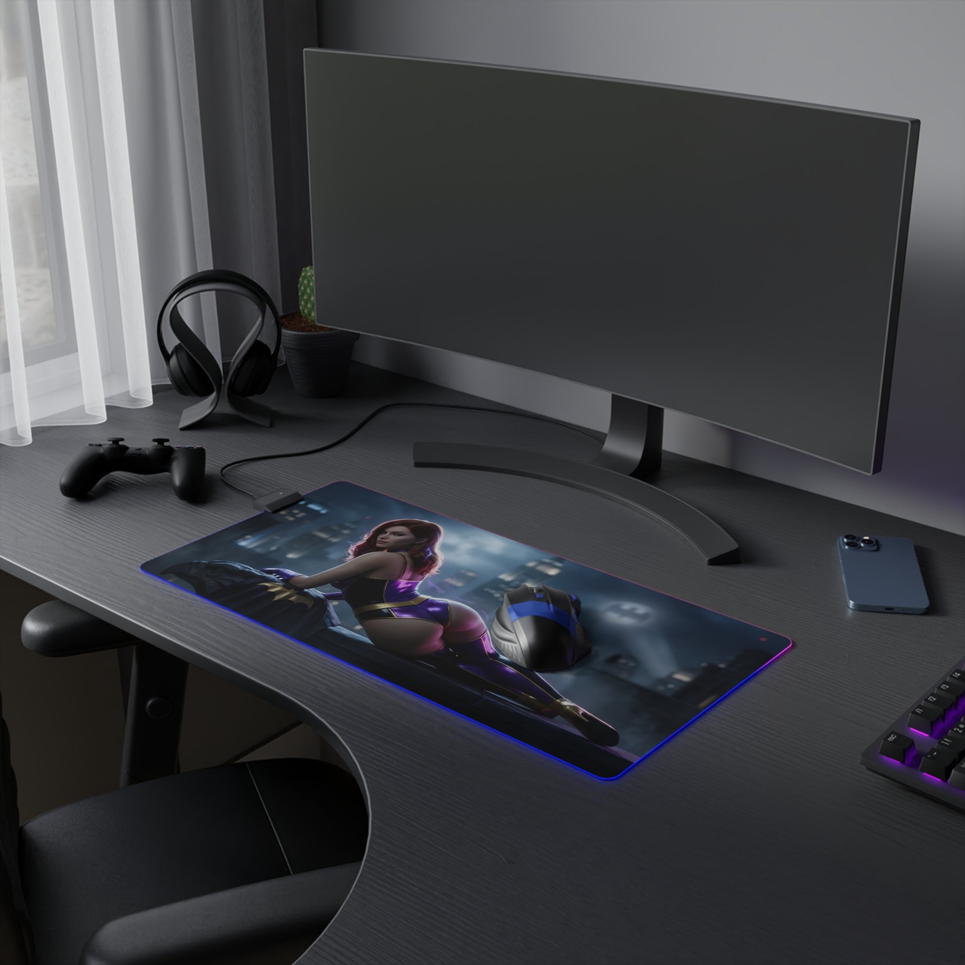 Batwoman RGB Mouse Pad – DC Comics Illuminated Desk Mat, Hero Gamer Decor on RGB-lit gaming desk with extended anti-slip mat and high-def Batwoman artwork