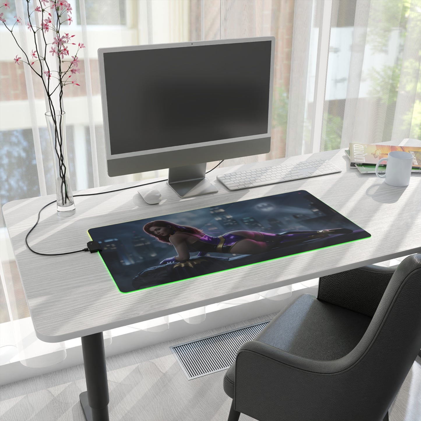 Batwoman RGB Mouse Pad – DC Comics Illuminated Desk Mat, Hero Gamer Decor on modern desk with green RGB edge lighting and character artwork
