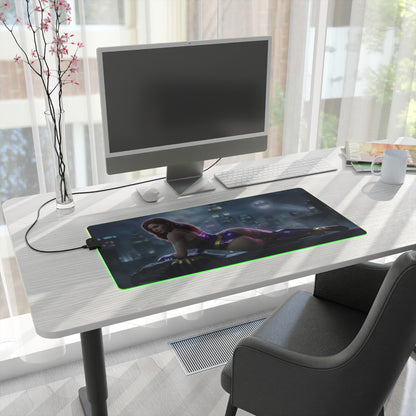 Batwoman RGB Mouse Pad – DC Comics Illuminated Desk Mat, Hero Gamer Decor on modern desk with green RGB edge lighting and character artwork