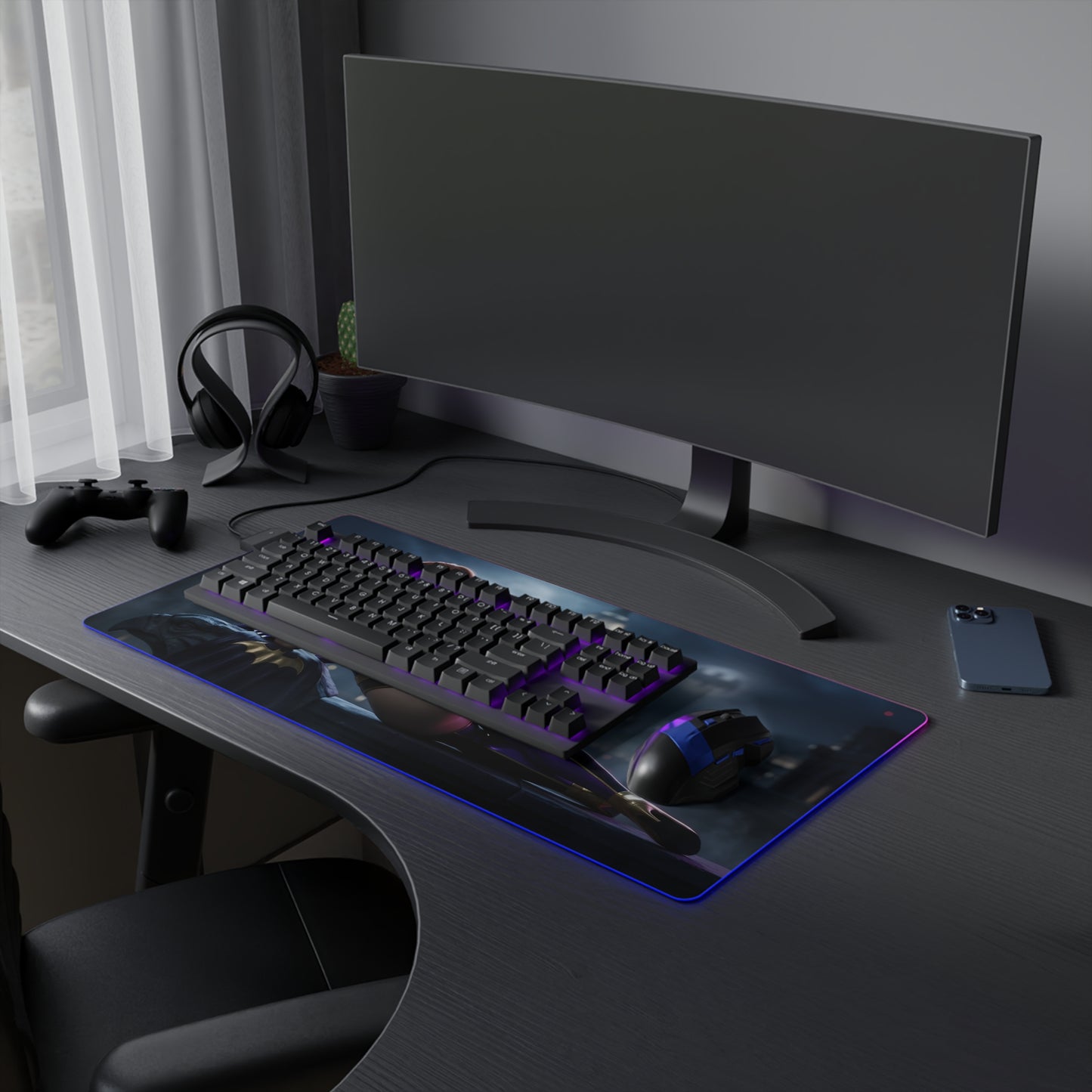 Batwoman RGB Mouse Pad – DC Comics Illuminated Desk Mat, Hero Gamer Decor on RGB-lit gaming desk with keyboard and mouse