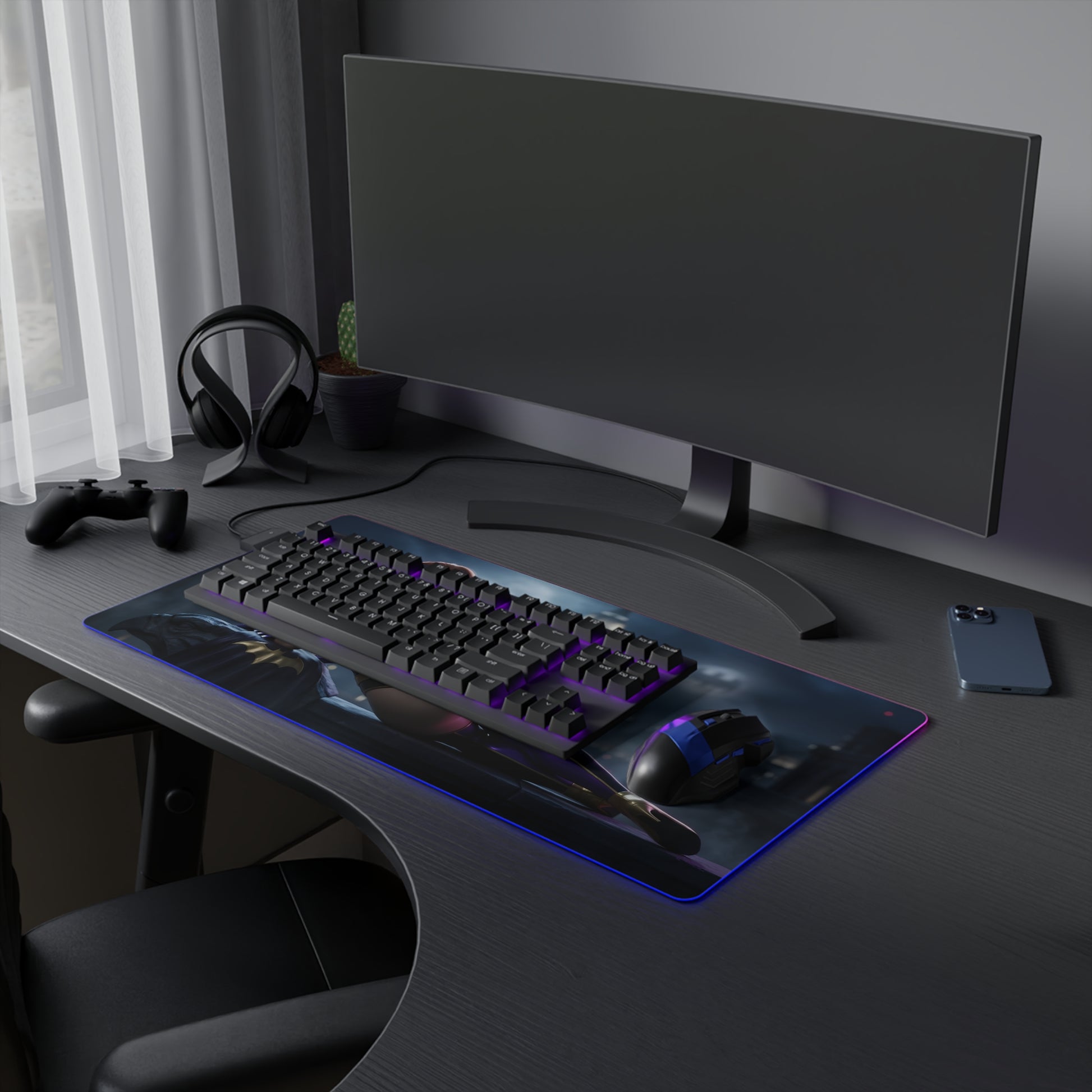 Batwoman RGB Mouse Pad – DC Comics Illuminated Desk Mat, Hero Gamer Decor on RGB-lit gaming desk with keyboard and mouse