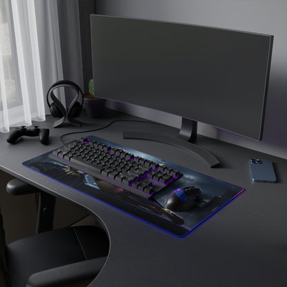 Batwoman RGB Mouse Pad – DC Comics Illuminated Desk Mat, Hero Gamer Decor on RGB-lit gaming desk with keyboard and mouse