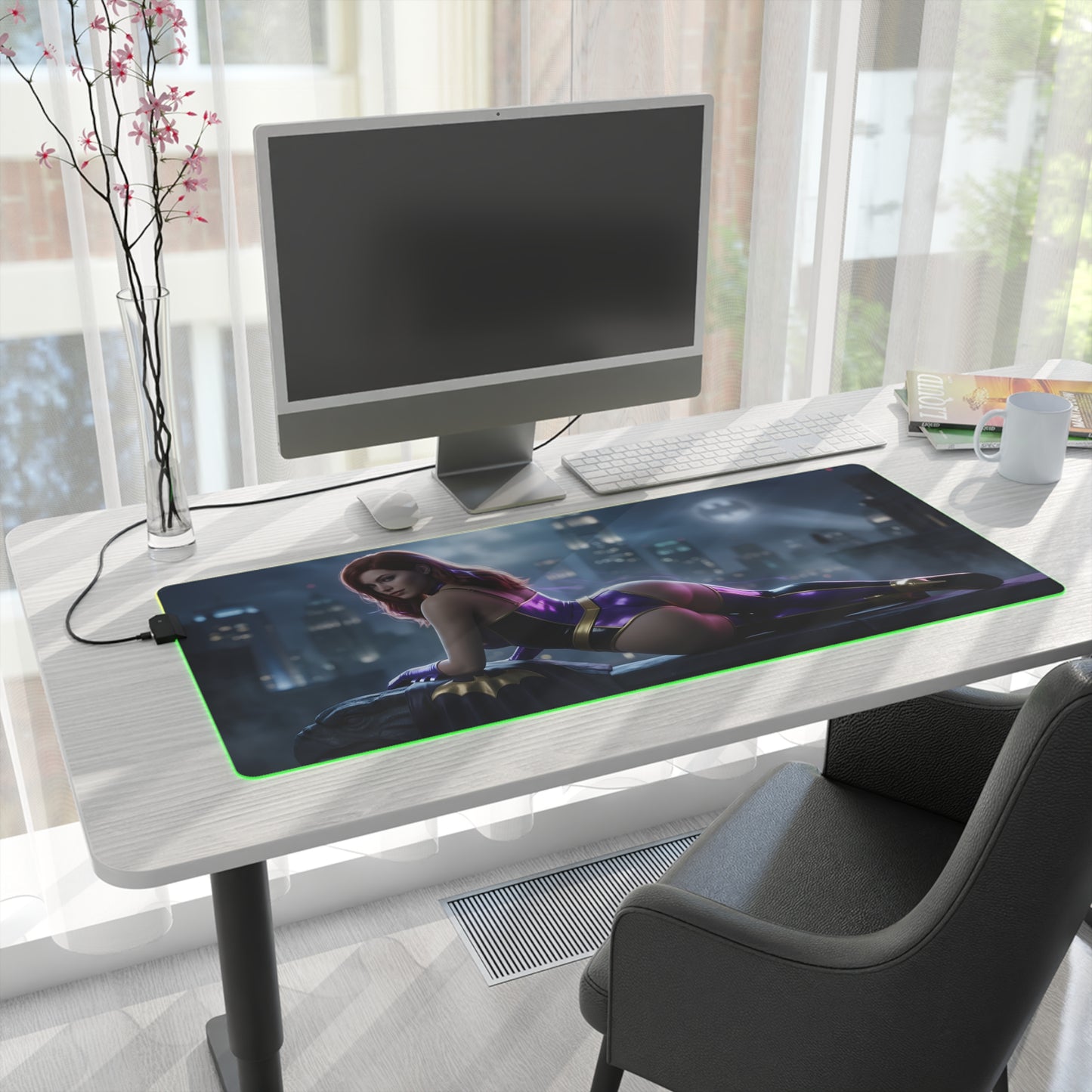 Batwoman RGB Mouse Pad – DC Comics Illuminated Desk Mat, Hero Gamer Decor on a modern white desk with RGB edge lighting and Batwoman artwork