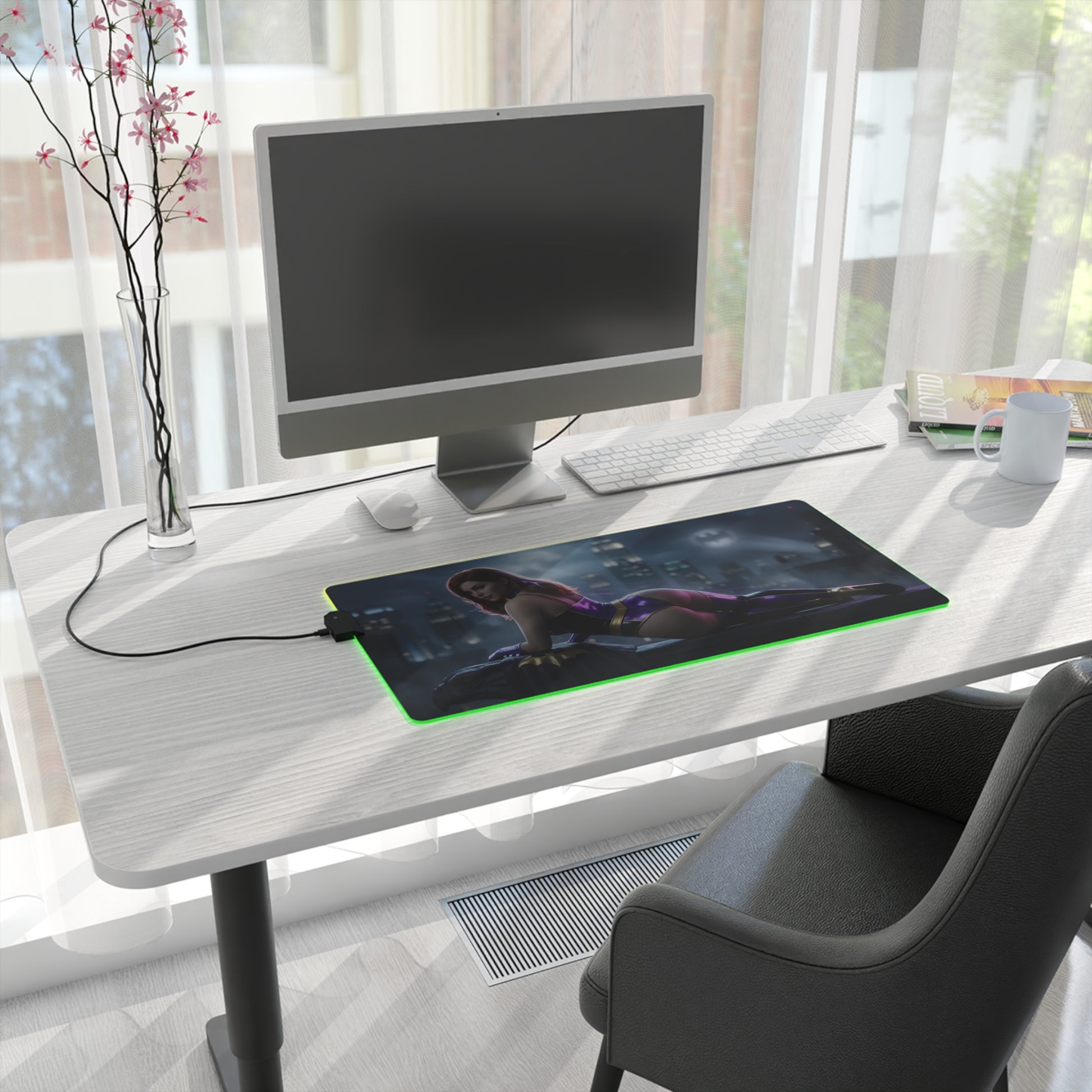 Batwoman RGB Mouse Pad – DC Comics Illuminated Desk Mat, Hero Gamer Decor on modern desk with green RGB edge and HD Batwoman artwork