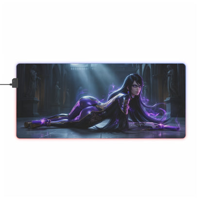 Bayonetta Mouse Pad, Bayonetta LED RGB Desk Mat, Gift for Gamer, Anime Room Decor featuring Bayonetta in purple suit on LED RGB gaming desk mat