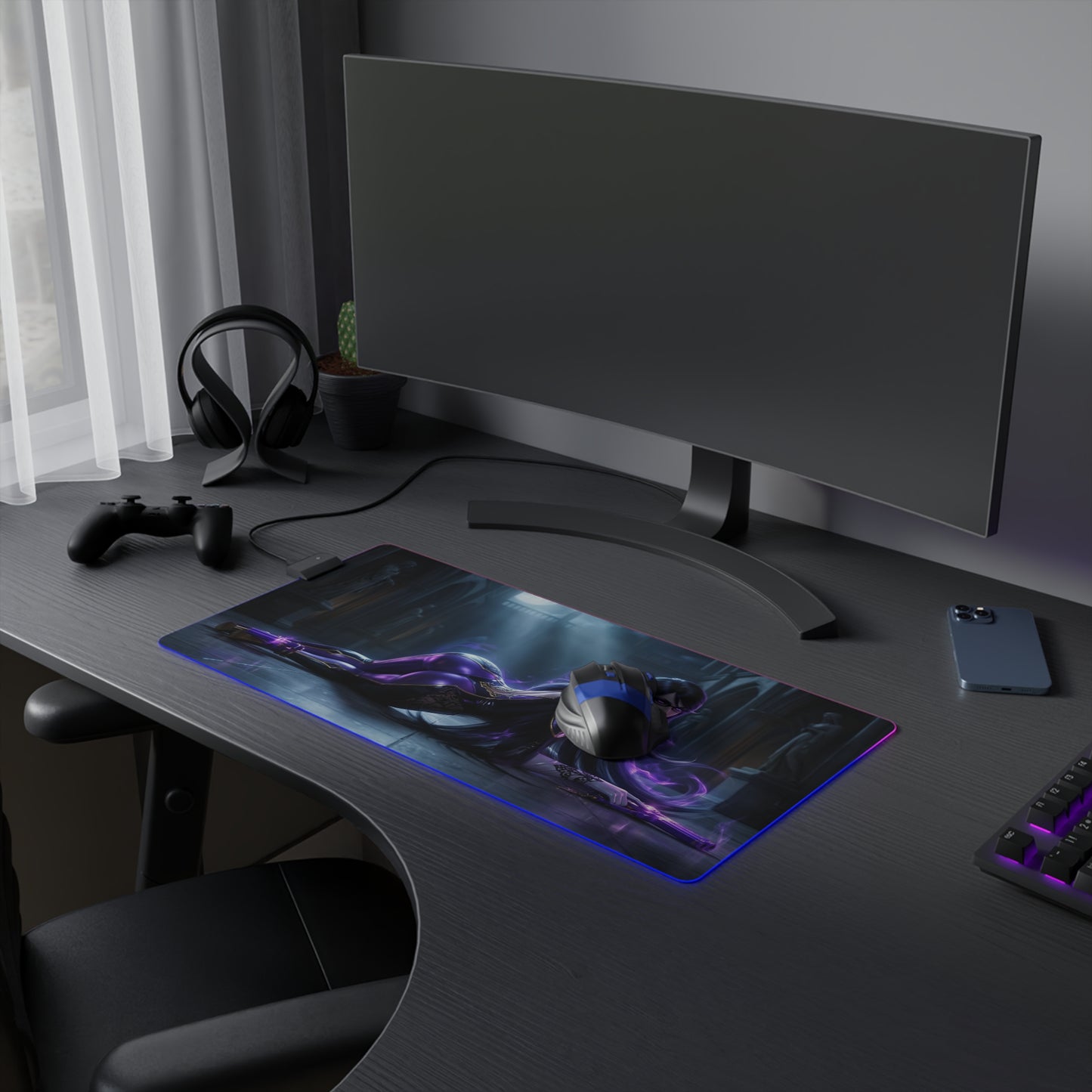 Bayonetta Mouse Pad, Bayonetta LED RGB Desk Mat, Gift for Gamer, Anime Room Decor - LED RGB gaming desk mat with Bayonetta artwork on black desk