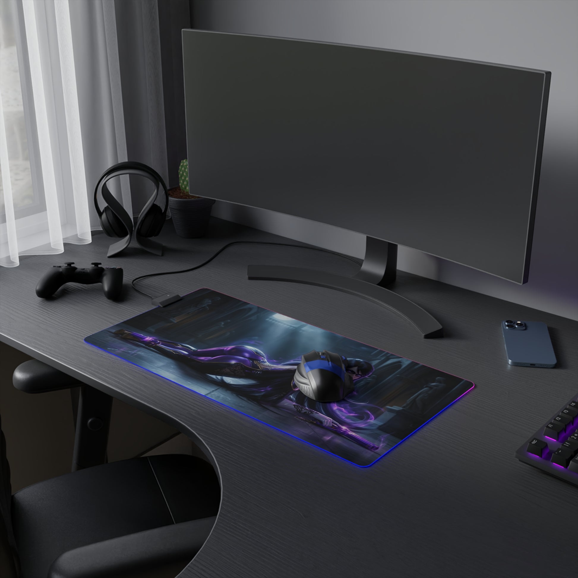 Bayonetta Mouse Pad, Bayonetta LED RGB Desk Mat, Gift for Gamer, Anime Room Decor - LED RGB gaming desk mat with Bayonetta artwork on black desk