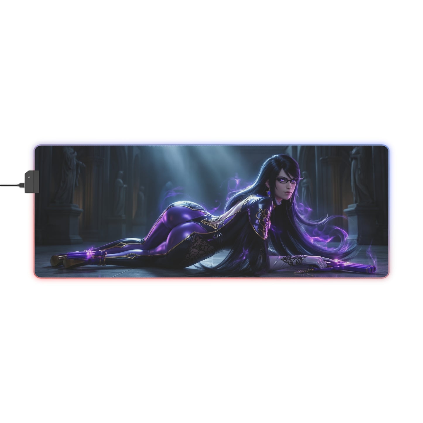 Bayonetta Mouse Pad, Bayonetta LED RGB Desk Mat, Gift for Gamer, Anime Room Decor featuring Bayonetta reclining pose with purple energy and RGB edge