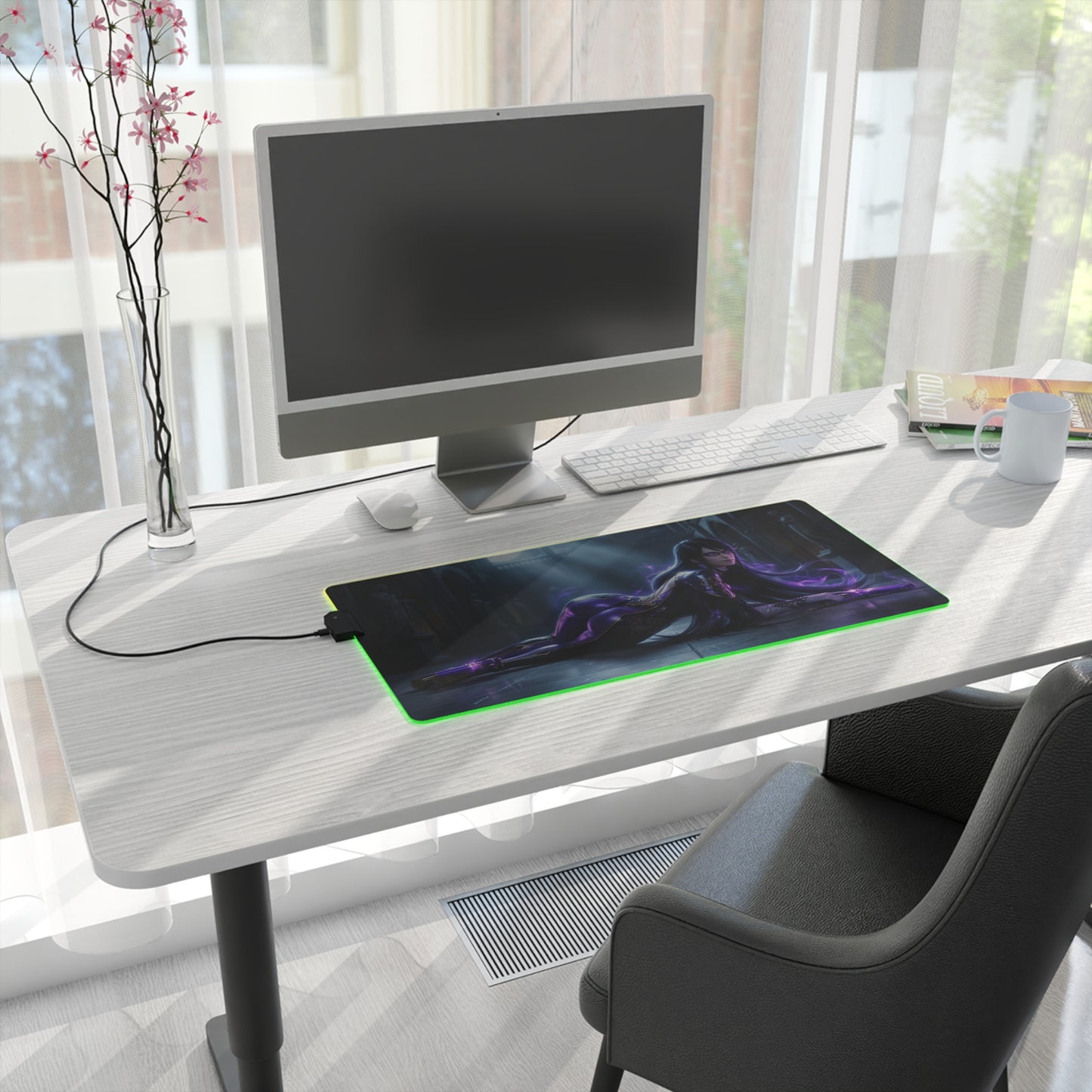 Bayonetta Mouse Pad, Bayonetta LED RGB Desk Mat, Gift for Gamer, Anime Room Decor — RGB gaming desk mat with Bayonetta artwork on white modern desk