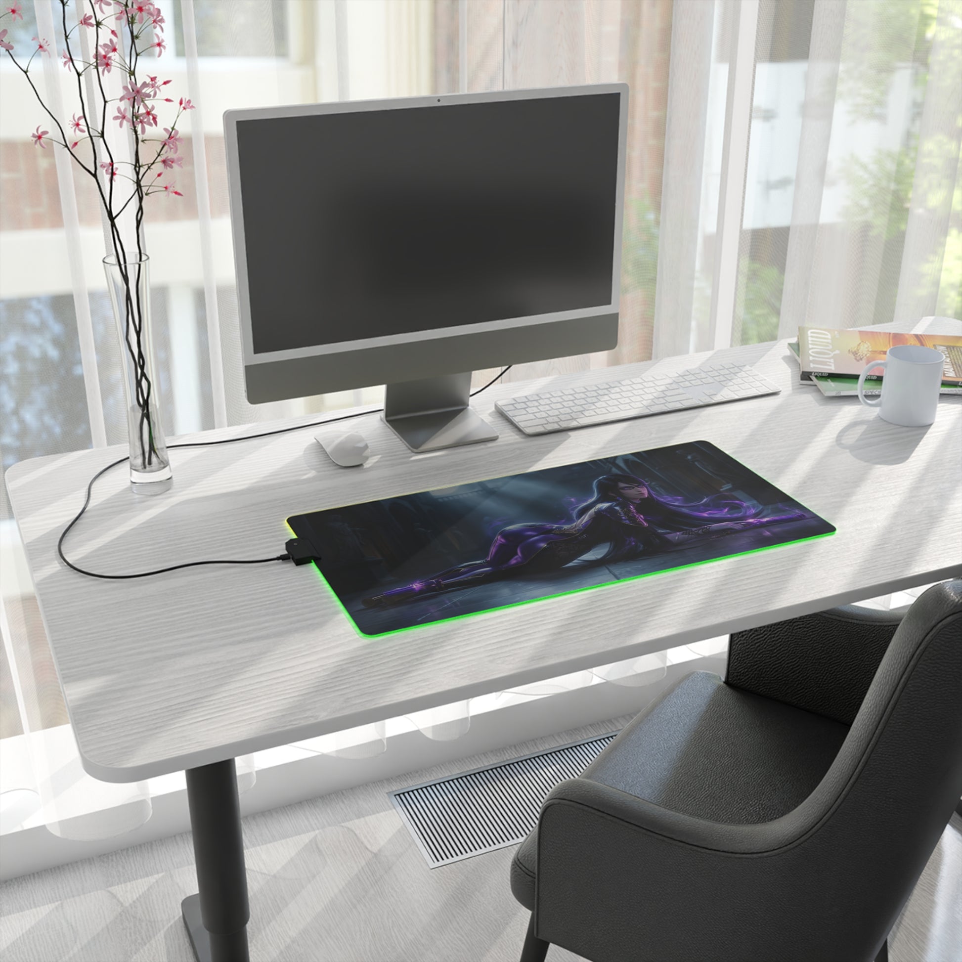 Bayonetta Mouse Pad, Bayonetta LED RGB Desk Mat, Gift for Gamer, Anime Room Decor — RGB gaming desk mat with Bayonetta artwork on white modern desk
